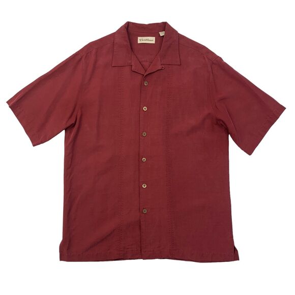 Caribbean Hawaiian Shirt Men M Medium Red Slit Hem Short Sleeve Modal Blend - Picture 1 of 9